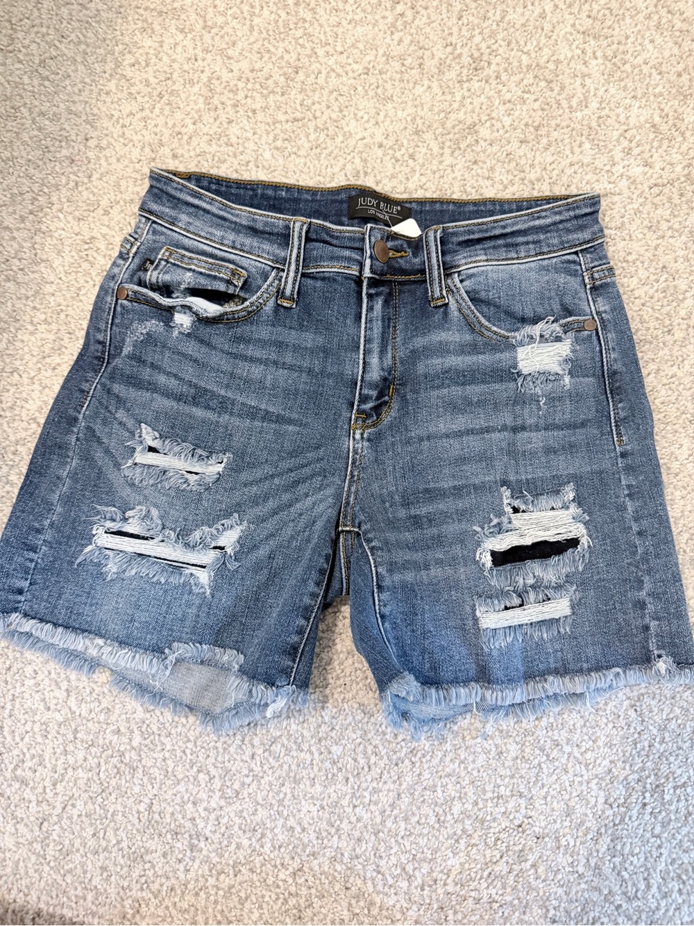 Judy Blue Medium Wash Distressed Frayed Hem Denim Shorts